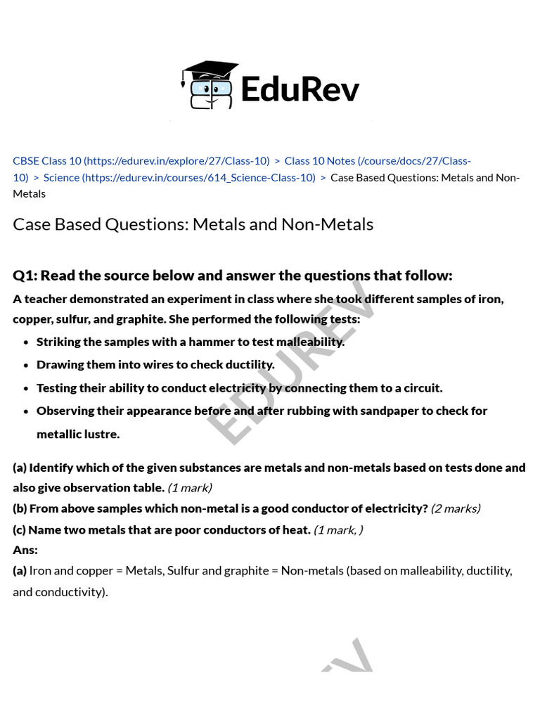 Case Based Questions Metals and Non-Metals - Science Class 10 PDF ...