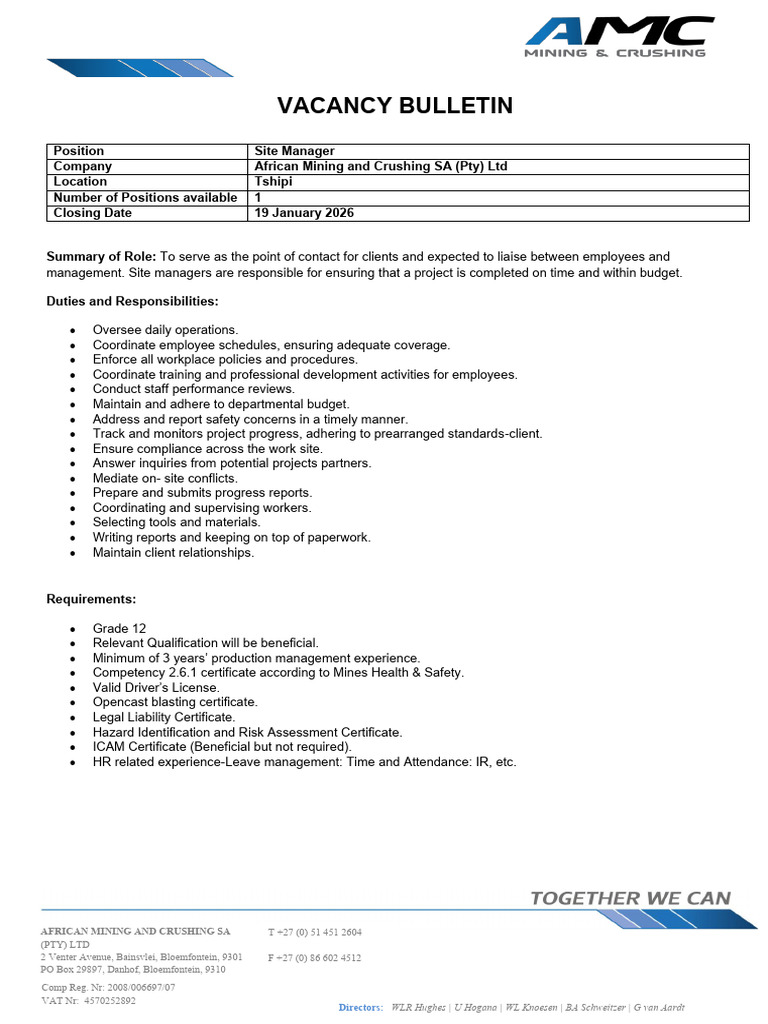 Vacancy Bulletin 12 January 2026 UPDATED | PDF | Occupational Safety ...