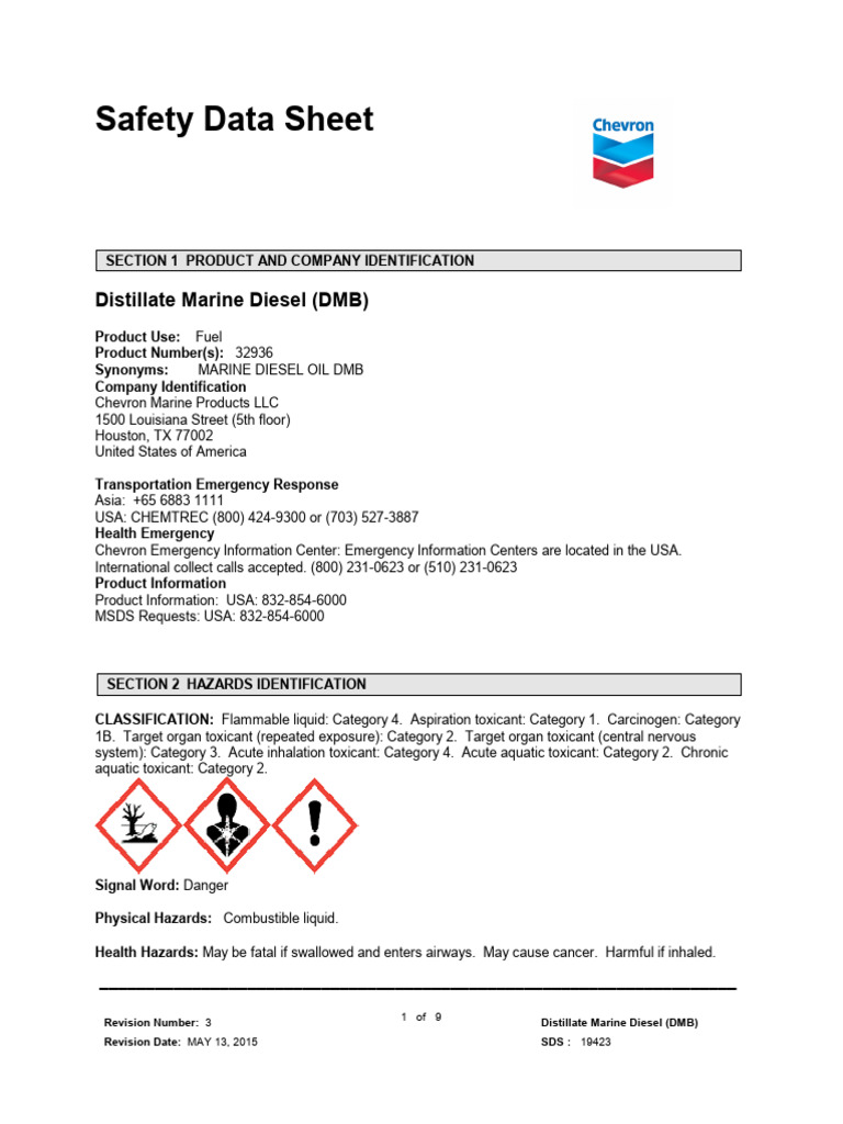 MSDS DMB Distillate Marine Diesel (DMB) | PDF | Personal Protective ...