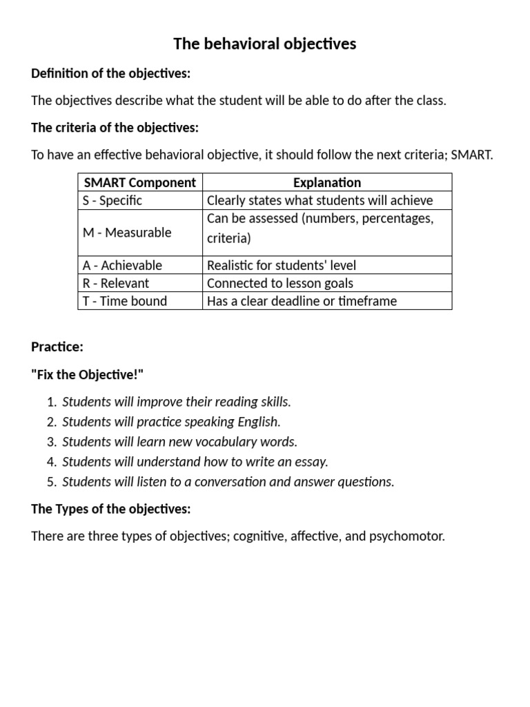 The Behavioral Objectives | PDF | Vocabulary | Cognition
