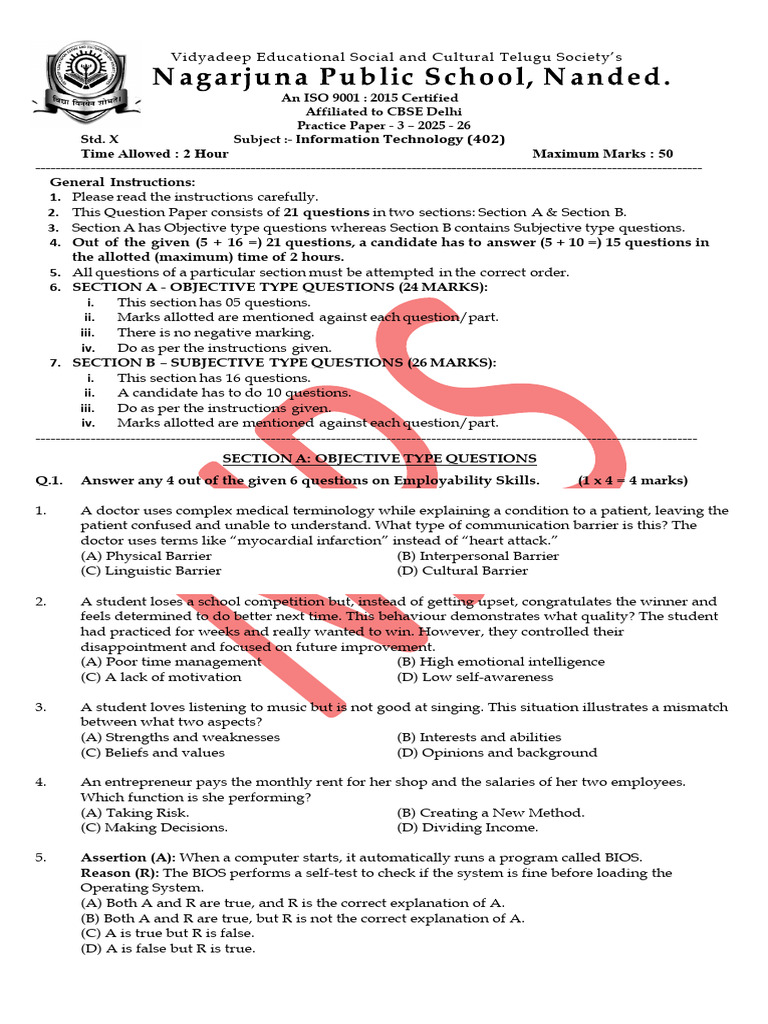 IT - Practice Paper 3 - 2026 | PDF | Spreadsheet | Integer (Computer ...