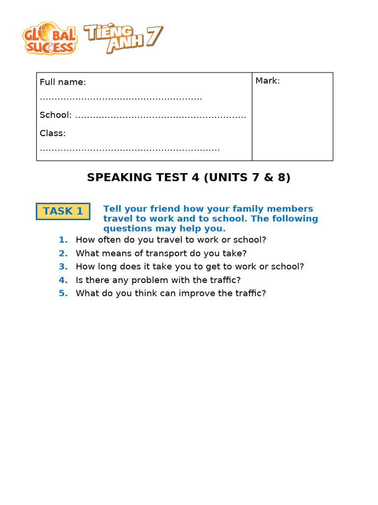 Speaking Test 4 (Units 7 - 8) | PDF