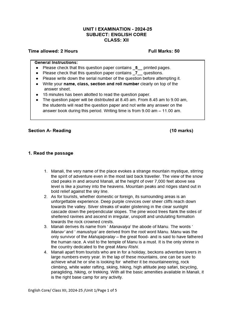 UNIT I CLASS XII Eng Core QP 2024-25 | PDF | Hiking
