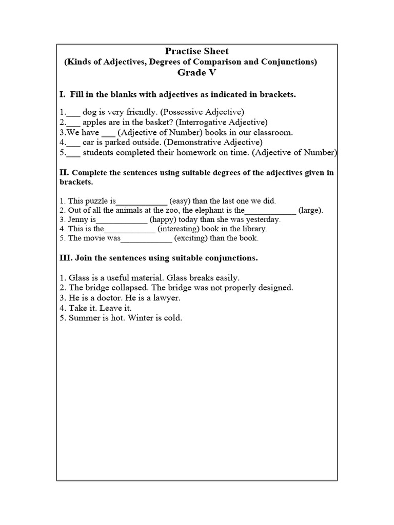 Practise Sheet 3 (Adjectives, Degrees of Comparison and Conjunctions) | PDF
