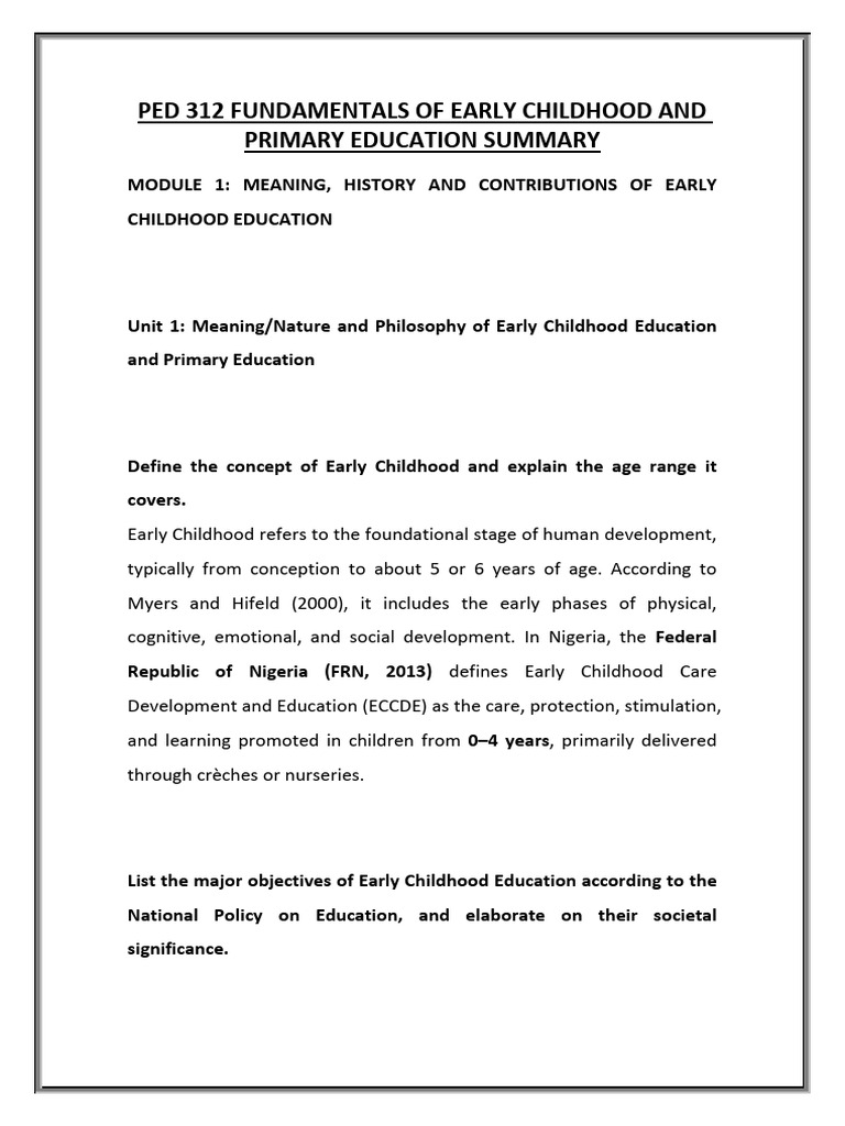 Ped 312 Fundamentals of Early Childhood and Primary Education Summary ...