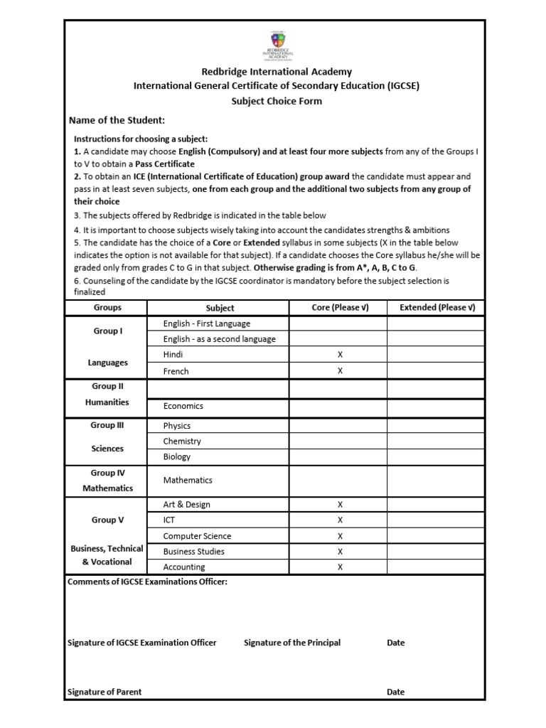 IGCSE Subject Choice Form 2026 1771232721 | PDF