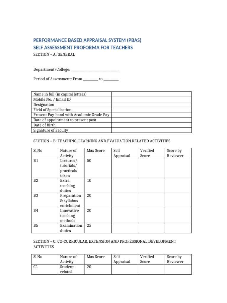 PBAS Self Assessment Proforma Diploma College | PDF