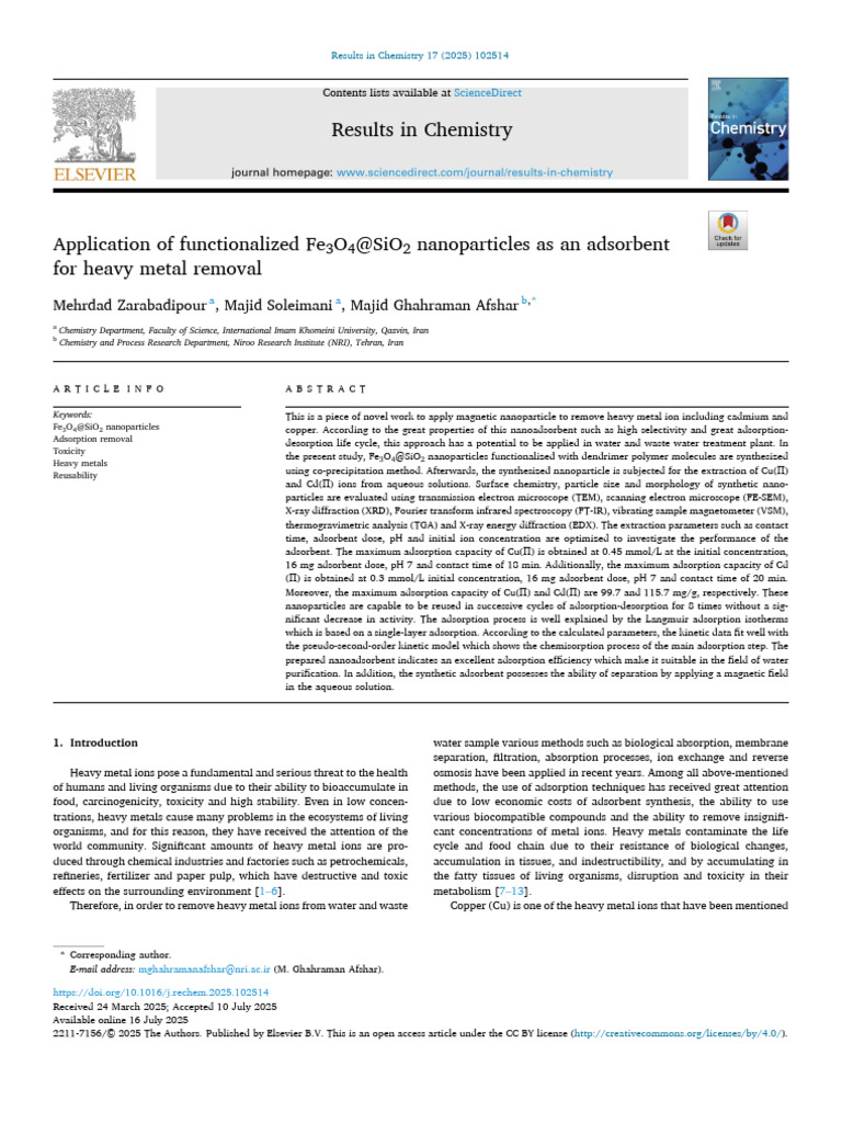 Application of Functionalized Fe3O4@SiO2 Nanoparticles As An Adsorbent ...