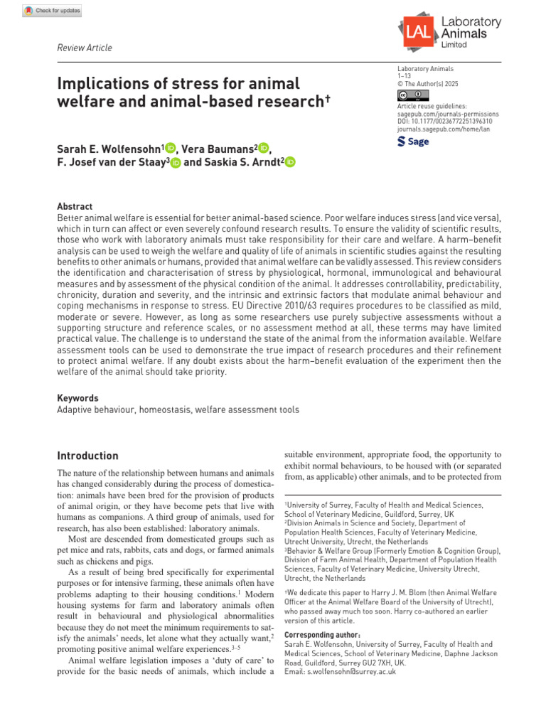 Implications of Stress For Animal Welfare and Animal-Based Research ...