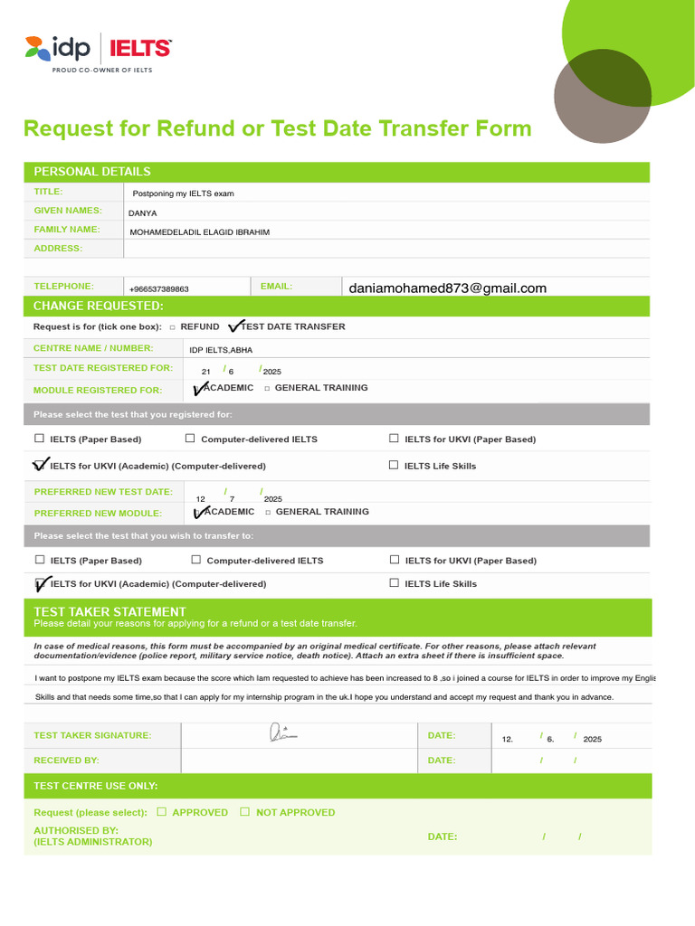 Test Date Transfer Request IDP IELTS | PDF | International English ...