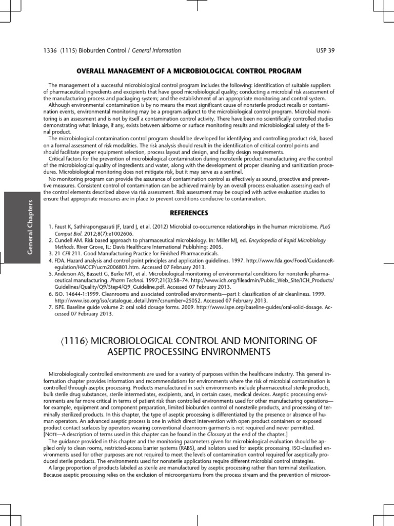 Usp 1116 Microbiological Control and Monitoring of Aseptic Processing ...