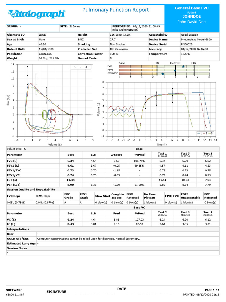 Vitalograph PFT Sample Report | PDF | Medical Specialties | Pulmonology