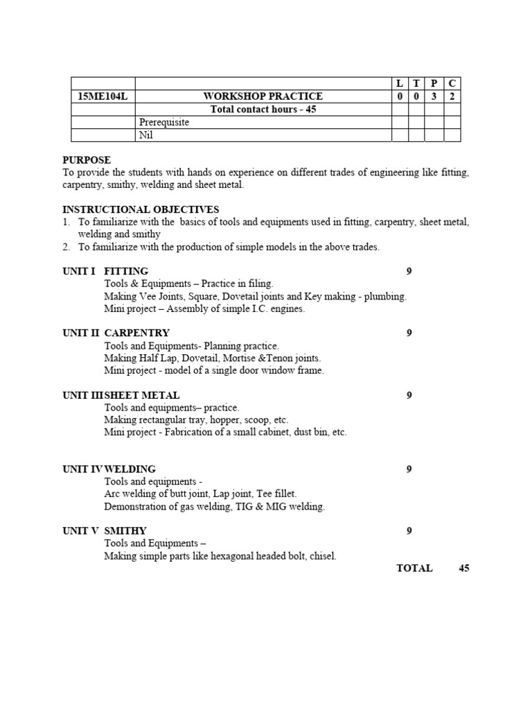 15ME104L Workshop Practice | PDF | Welding | Construction