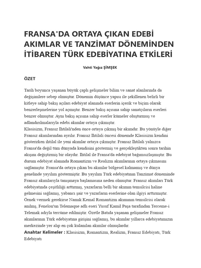 Fransa'da Ortaya Çikan Edebi̇ Akimlar Ve Tanzi̇mat Dönemi̇nden ...