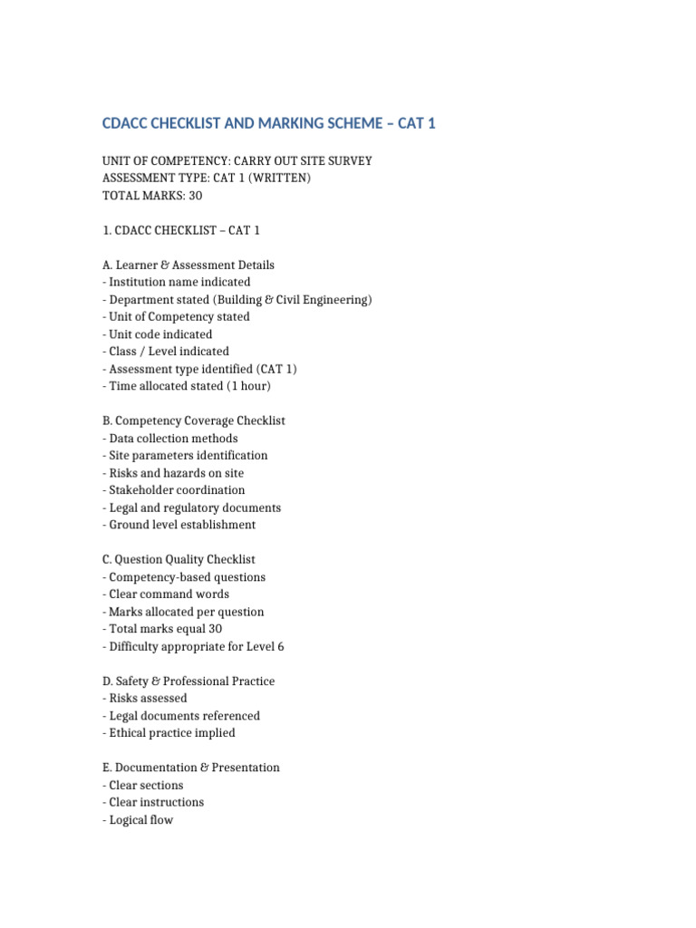 CDACC CAT1 Checklist and Marking Scheme | PDF