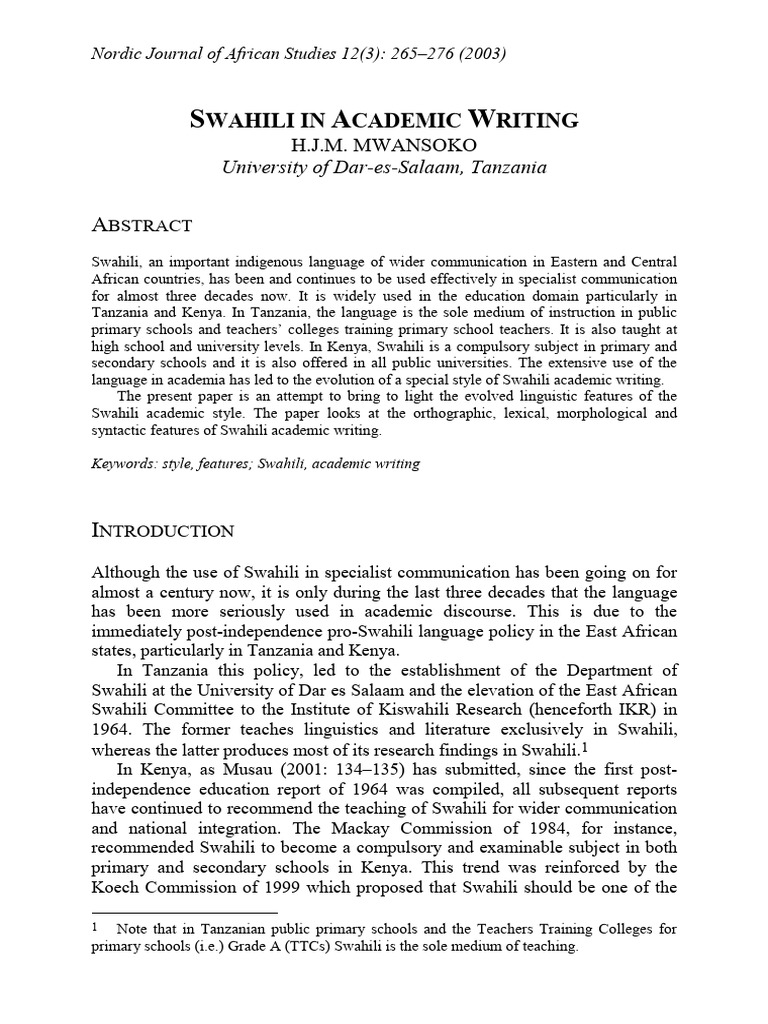 Swahili in Academic Writing | PDF | Tanzania | Phonology