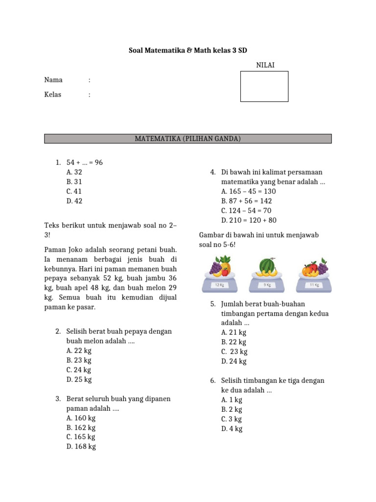 Soal Matematika & Math Kelas 3 SD | PDF