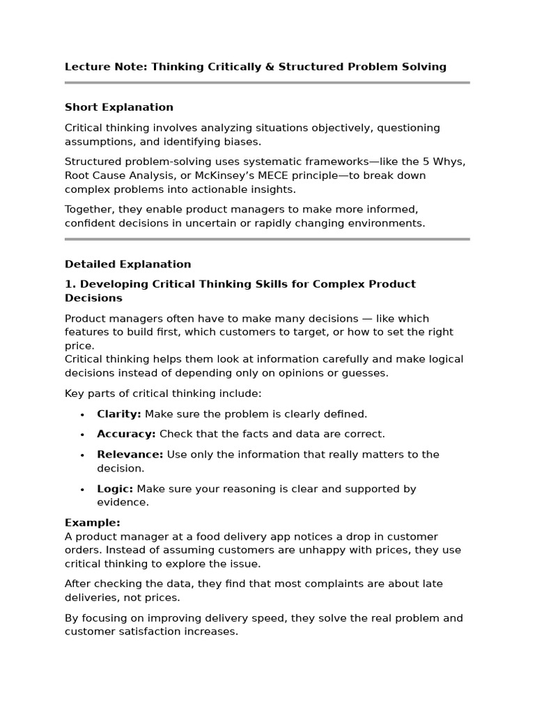 Lecture Note Thinking Critically & Structured Problem Solving-1 | PDF ...