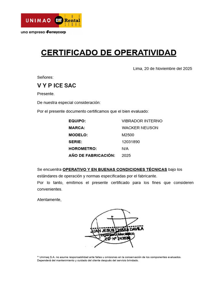 Certificado de Operatividad 12031890 | PDF