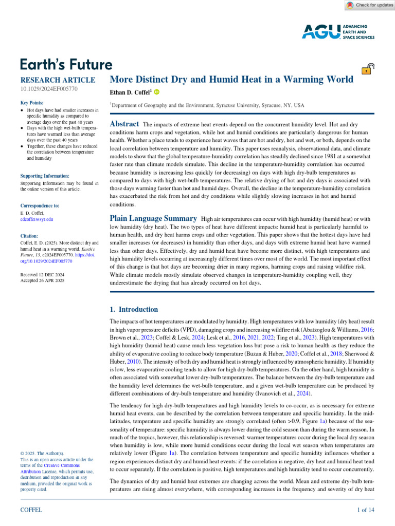 1 - Coffel - More Distinct Dry and Humid Heat in A Warming World | PDF ...