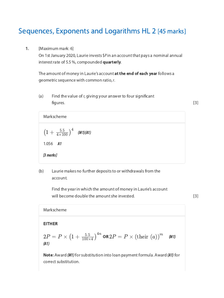 Markschemes Sequences Exponents and Logarithms HL 2-3 | PDF | Equations ...