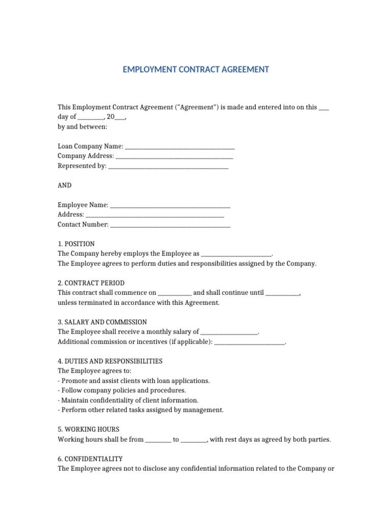 Loan Company Employment Contract Template | PDF