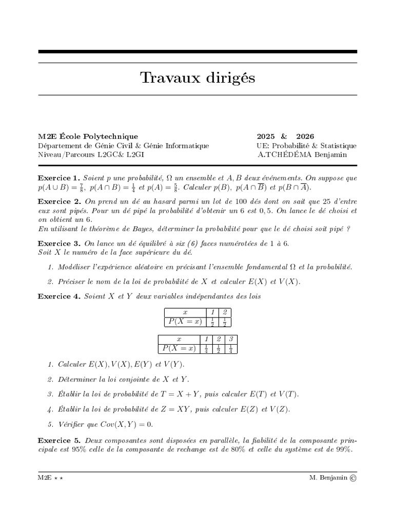 TD de Pro & Stat | PDF | Probabilité | Loi de probabilité