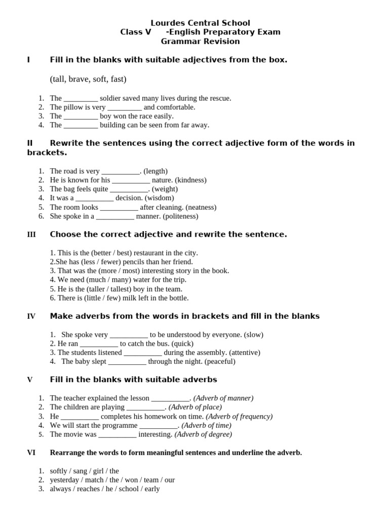 Grammar Revision - Class V | PDF | Adverb | Linguistic Morphology