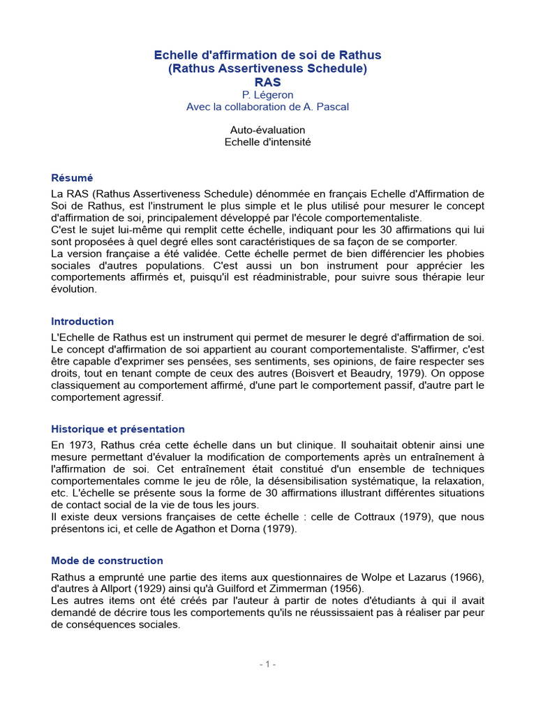 Echelle D'affirmation de Soi de Rathus (Rathus Assertiveness Schedule ...