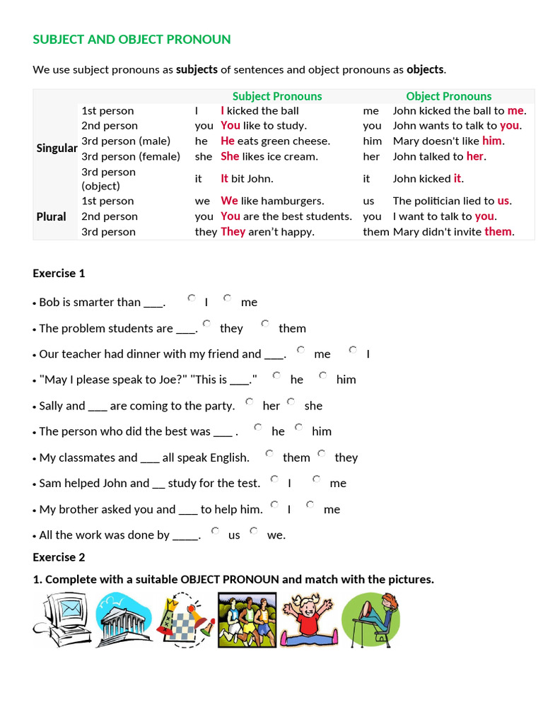 Subject and Object Pronoun | PDF | Subject (Grammar) | Pronoun