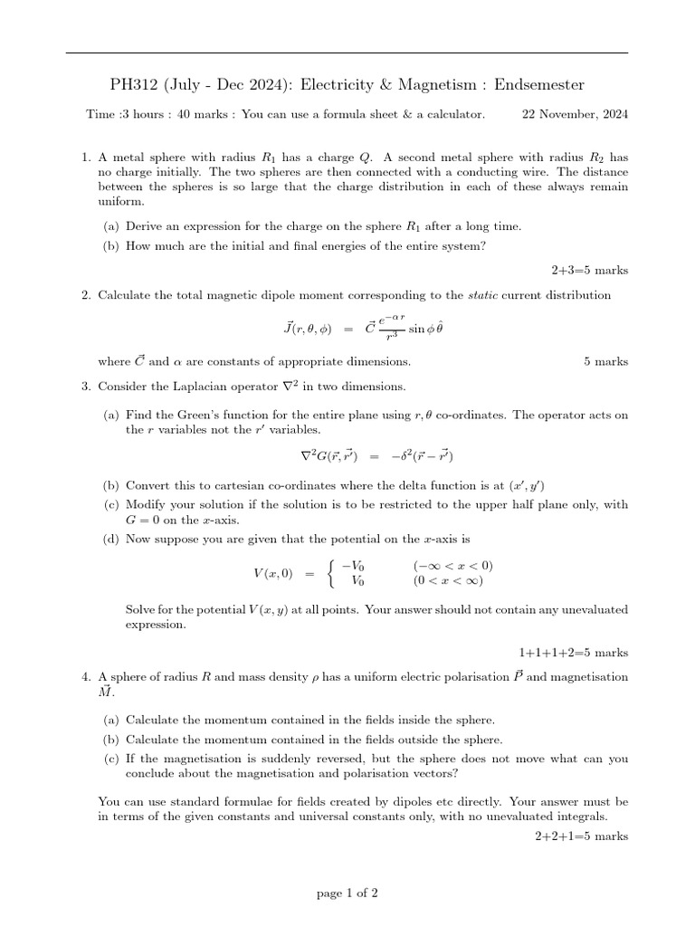 Endsem 2024 | PDF | Physical Phenomena | Electromagnetism