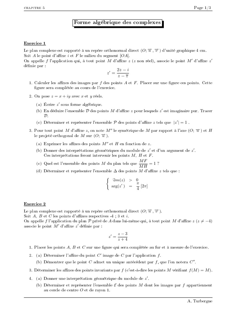 Forme Algébrique Des Nombres Complexes | PDF | Nombre complexe ...