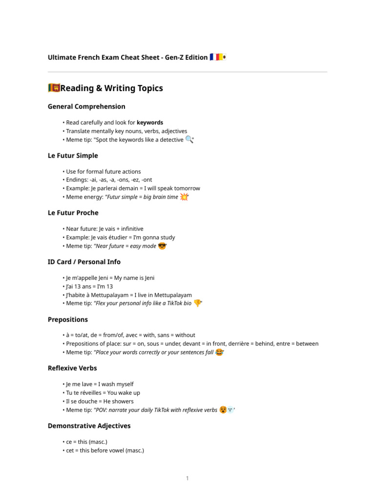 French Exam Cheat Sheet | PDF | Linguistic Typology | Grammar