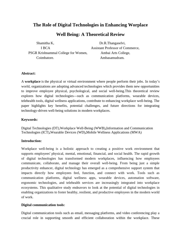 The Role of Digital Technologies in Enhancing Workplace Well | PDF ...