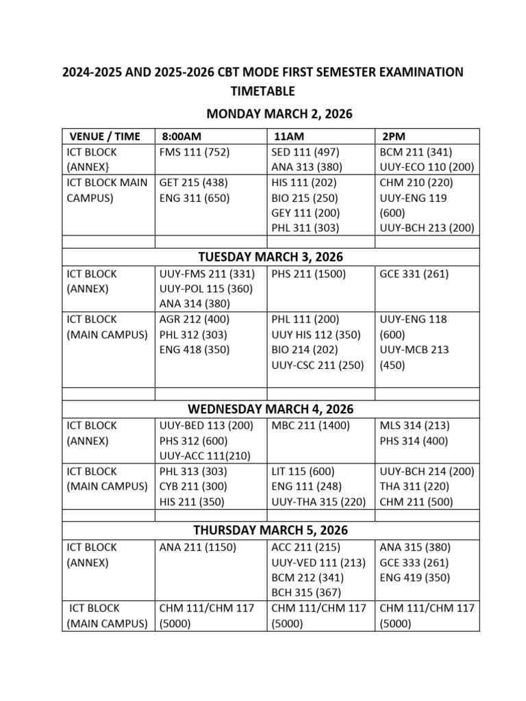 2024-2025 and 2025-2026 First Semester CBT Examination Timetable | PDF