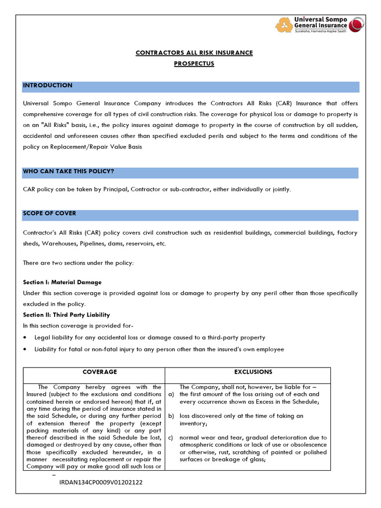 Contractors All Risk Insurance Prospectus | PDF | Insurance | Indemnity