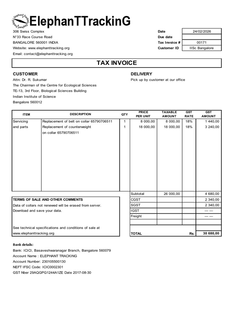 Tax Invoice Iisc 00171 Unsigned | PDF | Invoice | Trade