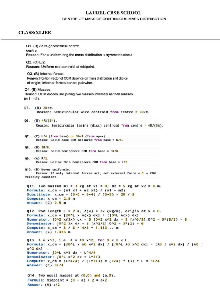 Centre of Mass of Continuous Mass Distribution Solution 1 | PDF
