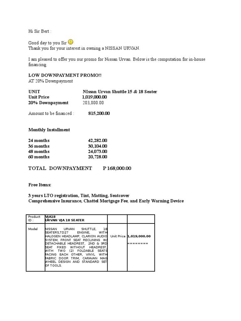 nissan urvan price installment