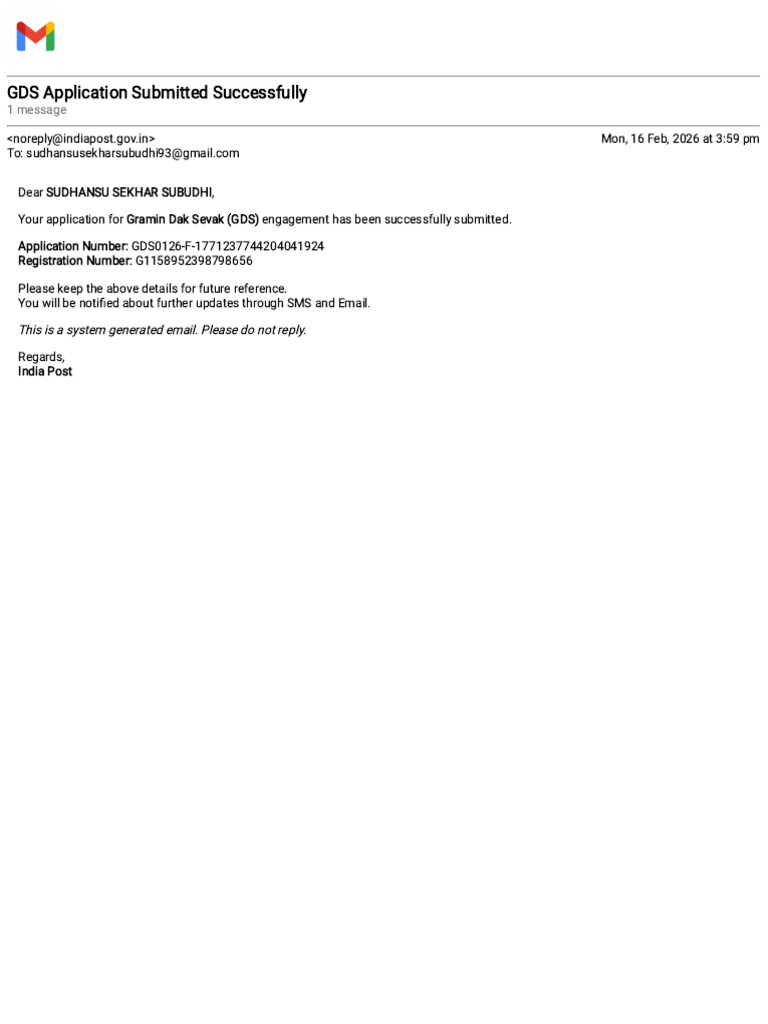 Gmail - GDS Application Submitted Successfully | PDF