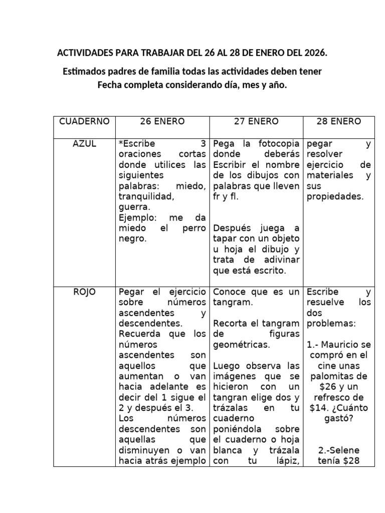 Actividades para Trabajar Del 26 Al 28 de Enero Del 2026 | PDF