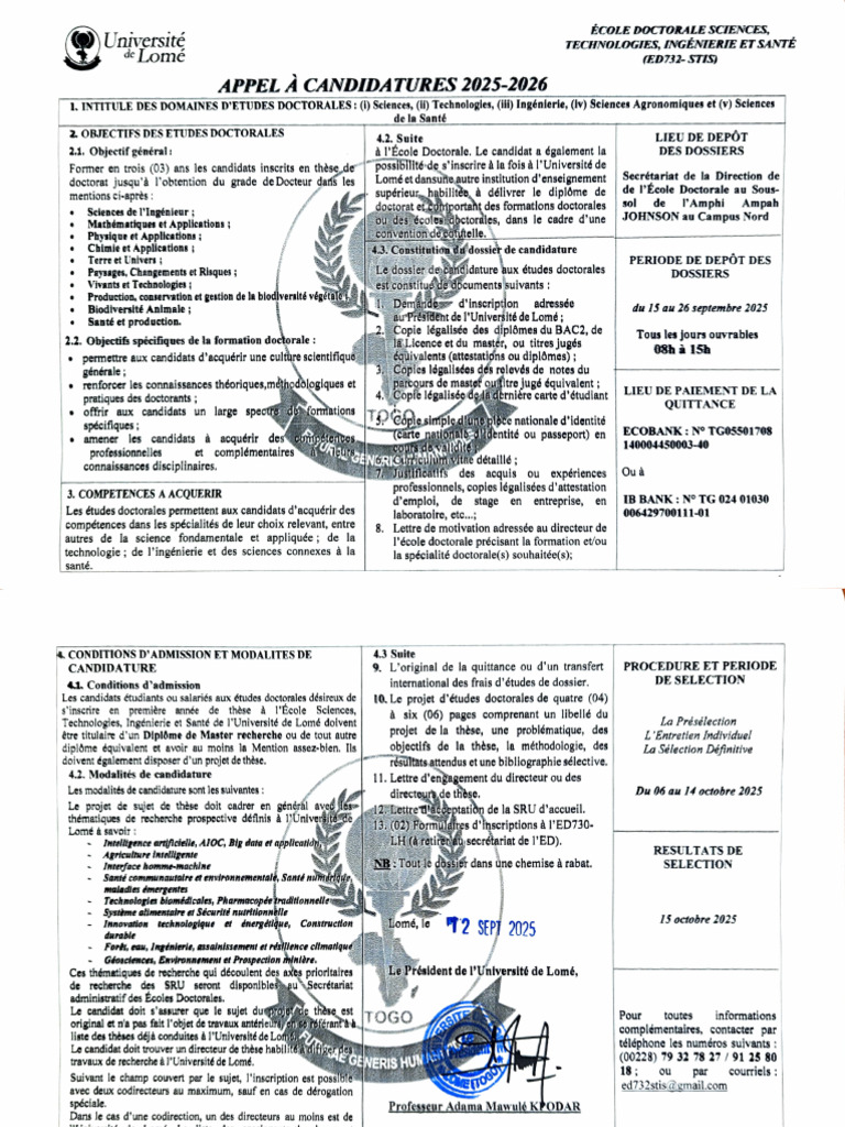 Appel A Candidatures 2025 2026 DOCTORAT ED732 STIS | PDF | Doctorat ...