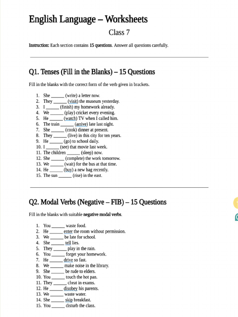 7 English Language Worksheet | PDF