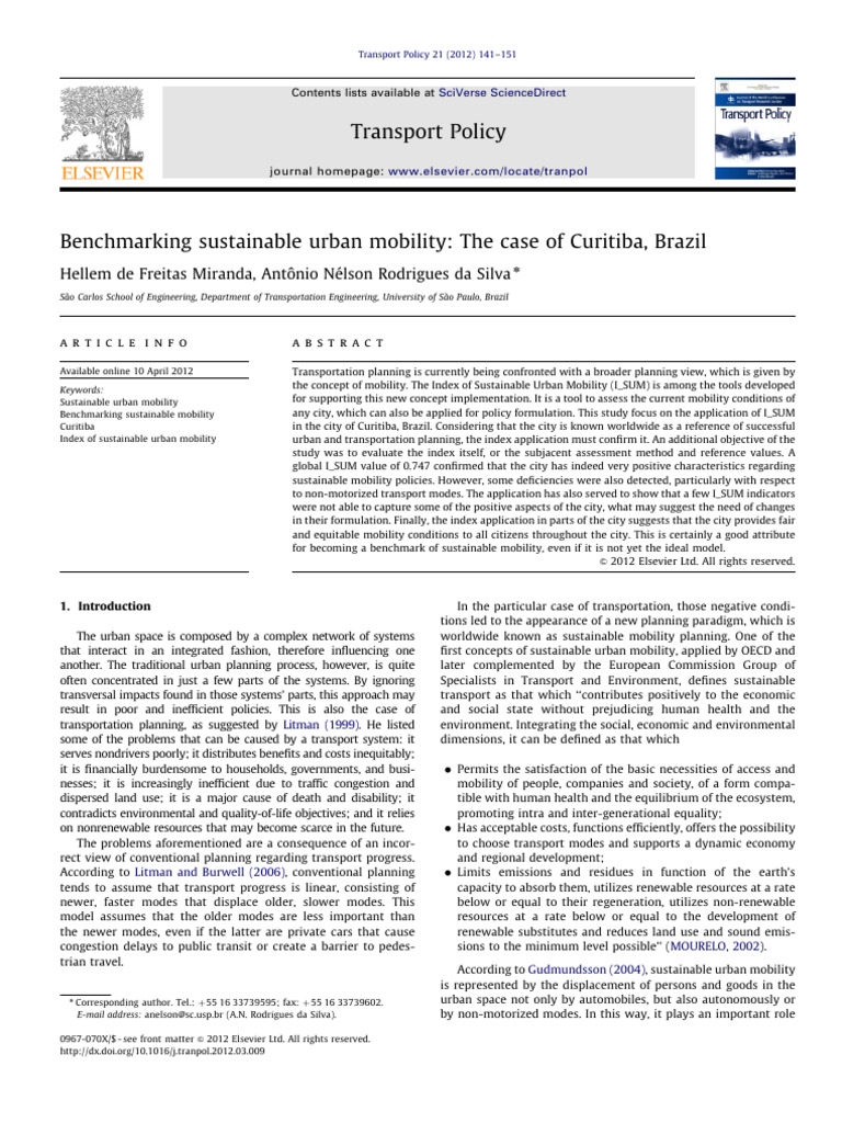 Benchmarking Sustainable Urban Mobility | PDF | Sustainable Transport ...