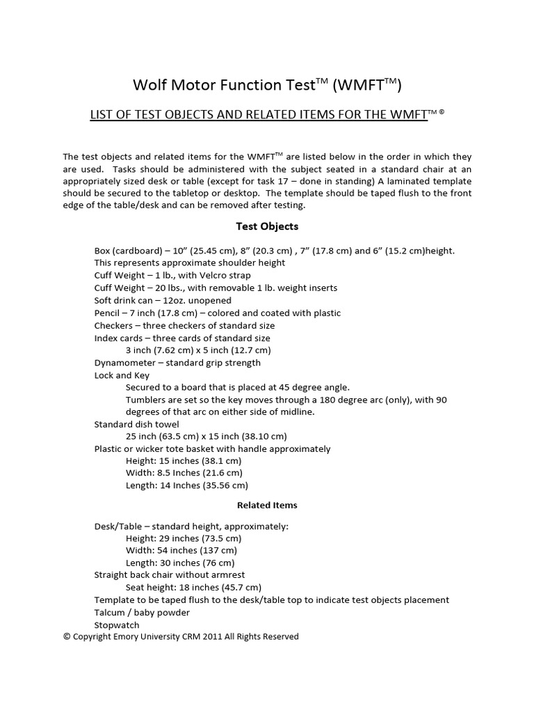 Wolf Motor Function Test List of Items | PDF