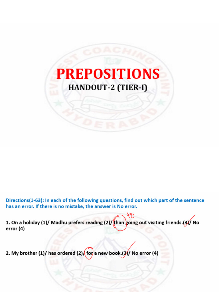 017) (Grammar) Prepositions Class Notes-4 (Part-1) | PDF