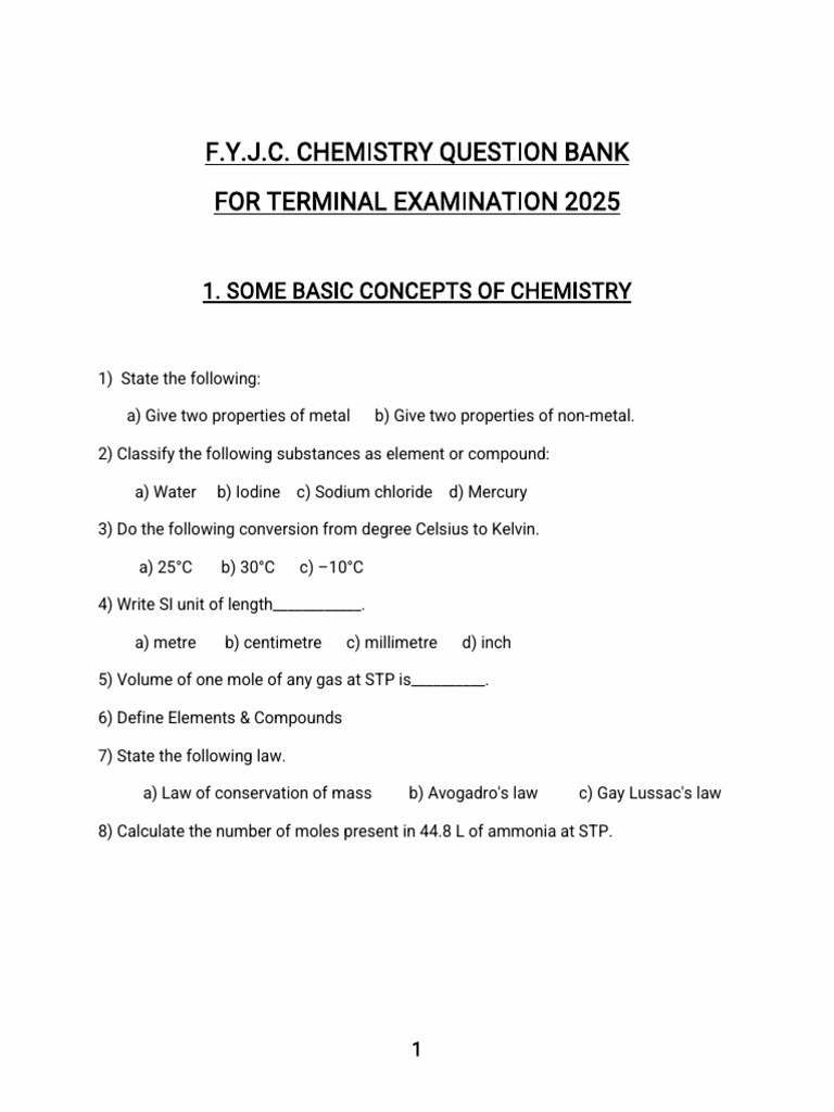 Fyjc Chemistry Terminal Exam Question Bank | PDF | Redox | Chemical ...