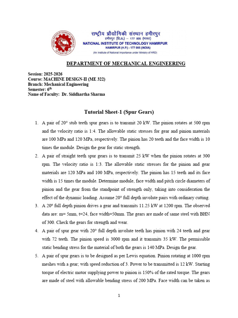 Tutorial Sheet-1 (Spur Gears) | PDF | Gear | Mechanical Engineering