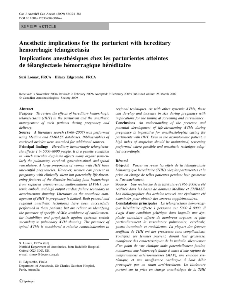 Anesthetic Implications For The Parturient With Hereditary Hemorrhagic ...