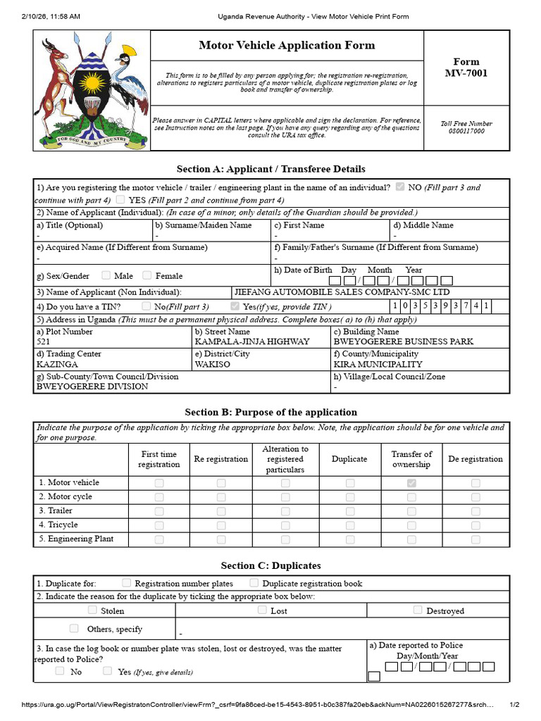 Uganda Revenue Authority - View Motor Vehicle Print Form-UA297AN | PDF